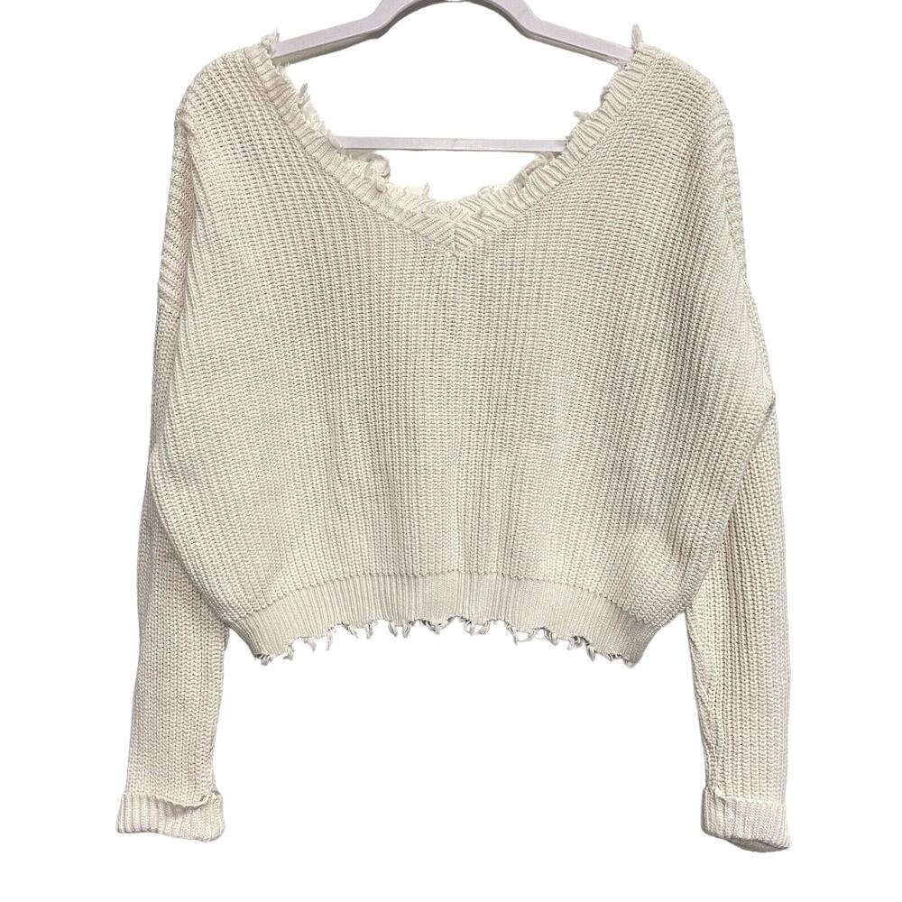 Jessica Simpson Women’s Medium 100% Cotton Distressed White Cropped Knit Sweater